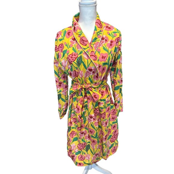 Ban. do Pajama Set Floral Small Robe Pants Honey Las Flores Yellow Green Pink - Picture 2 of 11
